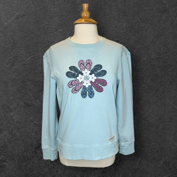 Life is Good Crewneck Graphic Sweatshirt Sz M Blue Daisy Flip-Flop Fleece Cotton - Picture 10 of 10